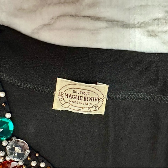 Vintage 80s Bejeweled Black V Neck Tunic Top Dress Le Maglie Di Nives One Size - Picture 7 of 9